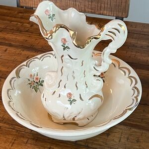 Antique Floral Porcelain Wash Basin & Pitcher Set